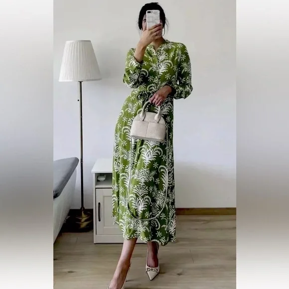 Zara Floral Print Lilou Midi Shirt Dress Belted Tropical Green White Size XS - Picture 4 of 16